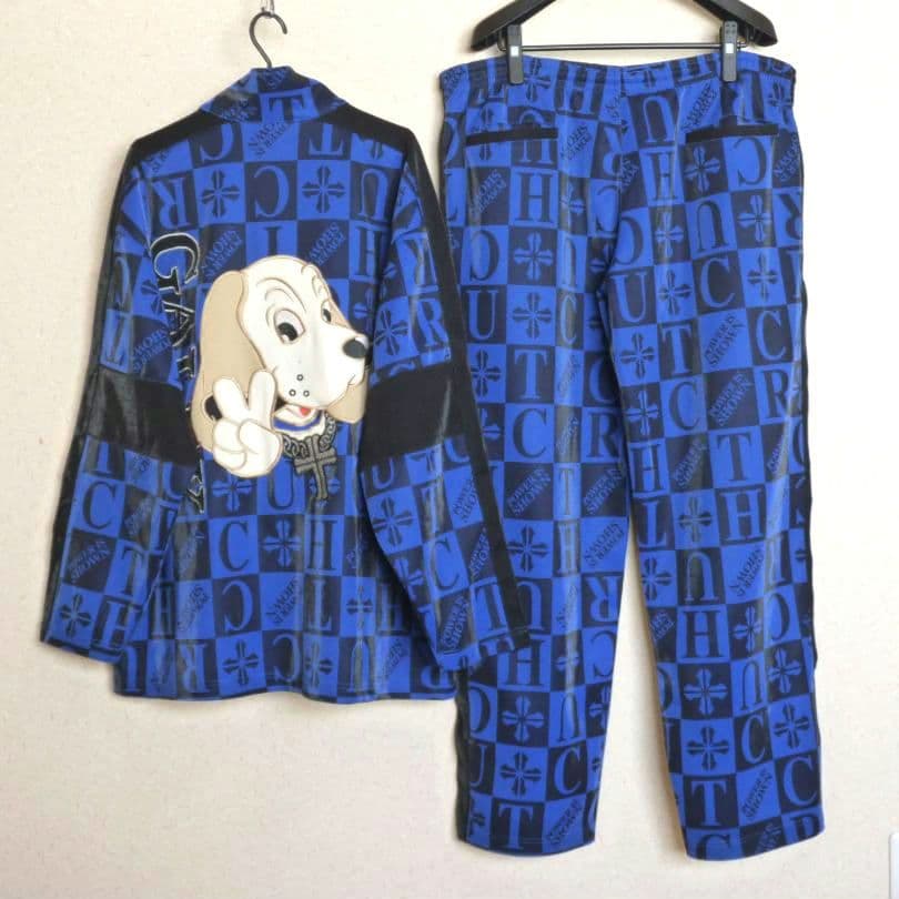 ガルフィー　GALFY　ジャージ　セットアップ　総柄　光沢　青＆黒　フリーサイズ