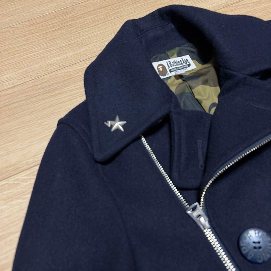 アベイシングエイプ　ピーコート　裏地カモ総柄　エイプスター　ロゴボタン　ネイビー