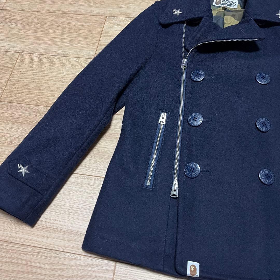 アベイシングエイプ　ピーコート　裏地カモ総柄　エイプスター　ロゴボタン　ネイビー