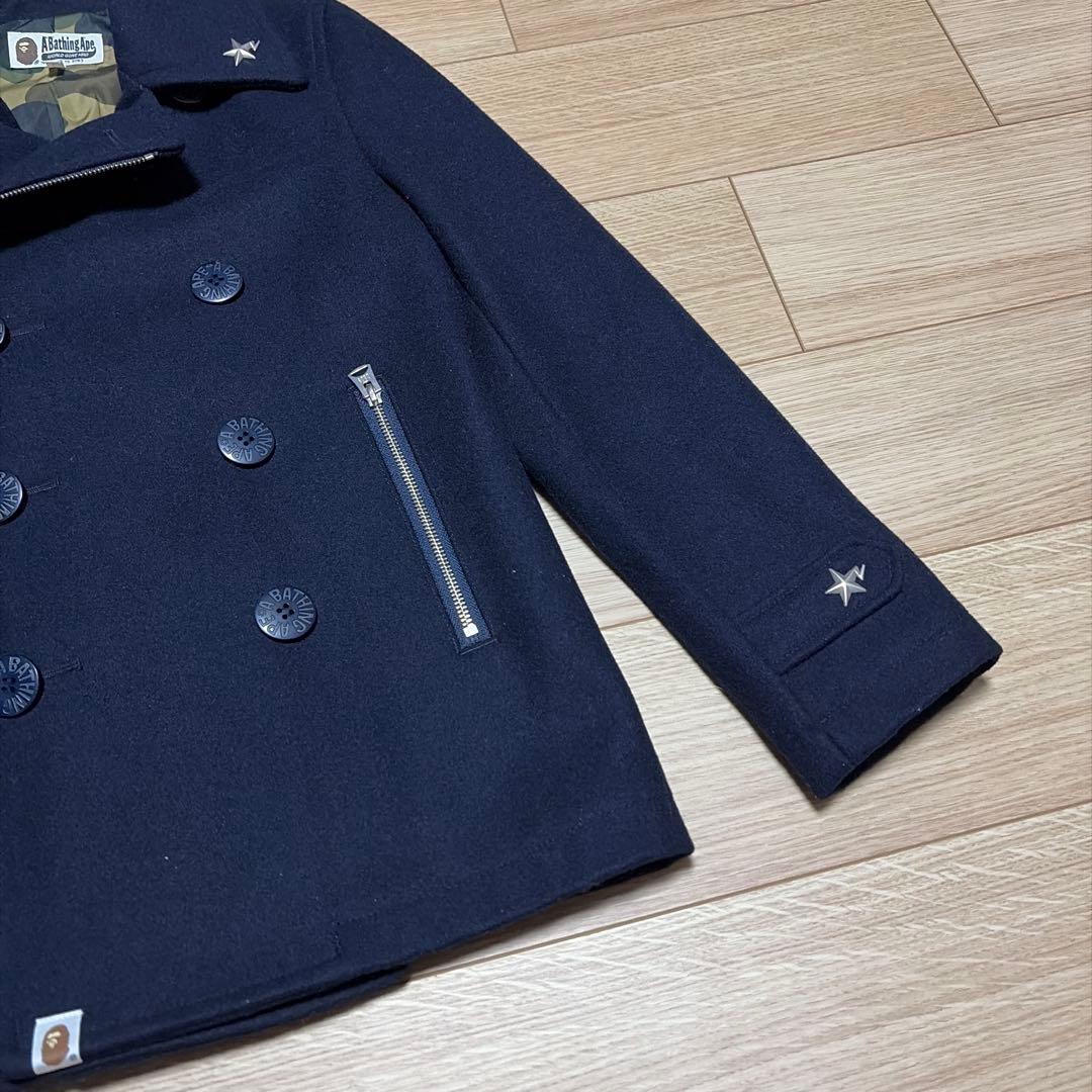 アベイシングエイプ　ピーコート　裏地カモ総柄　エイプスター　ロゴボタン　ネイビー