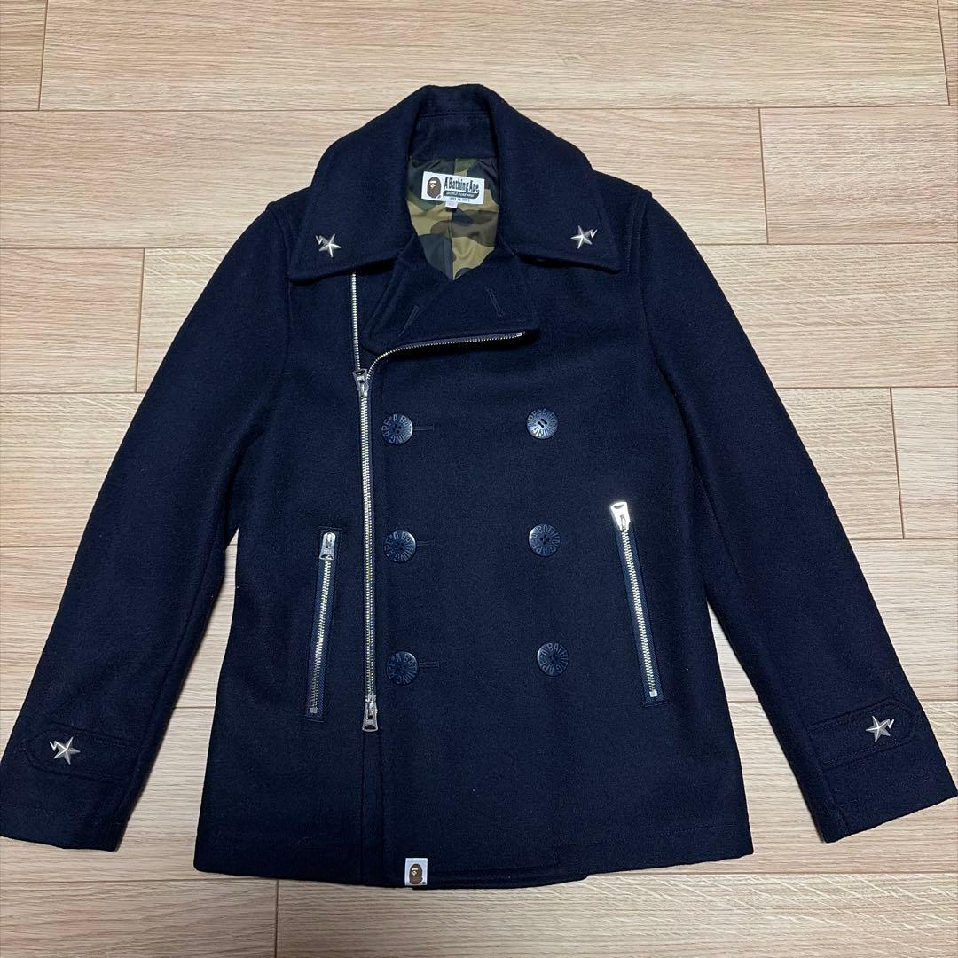 アベイシングエイプ　ピーコート　裏地カモ総柄　エイプスター　ロゴボタン　ネイビー