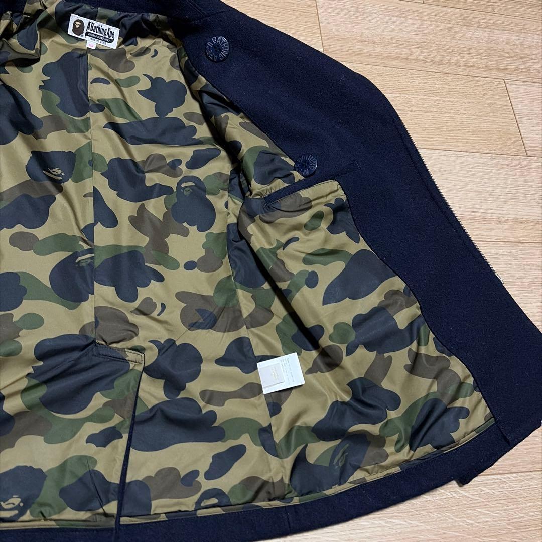 アベイシングエイプ　ピーコート　裏地カモ総柄　エイプスター　ロゴボタン　ネイビー