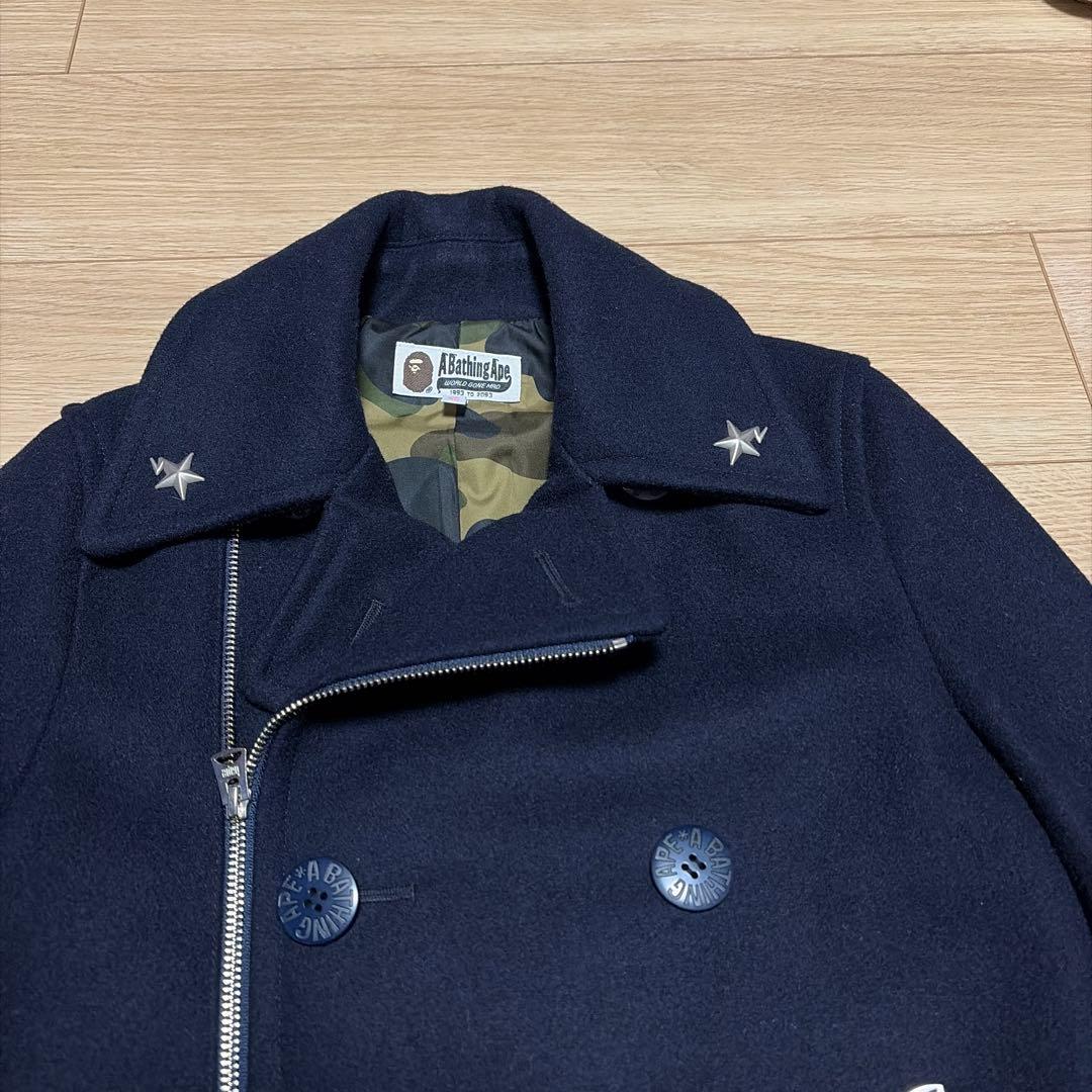 アベイシングエイプ　ピーコート　裏地カモ総柄　エイプスター　ロゴボタン　ネイビー