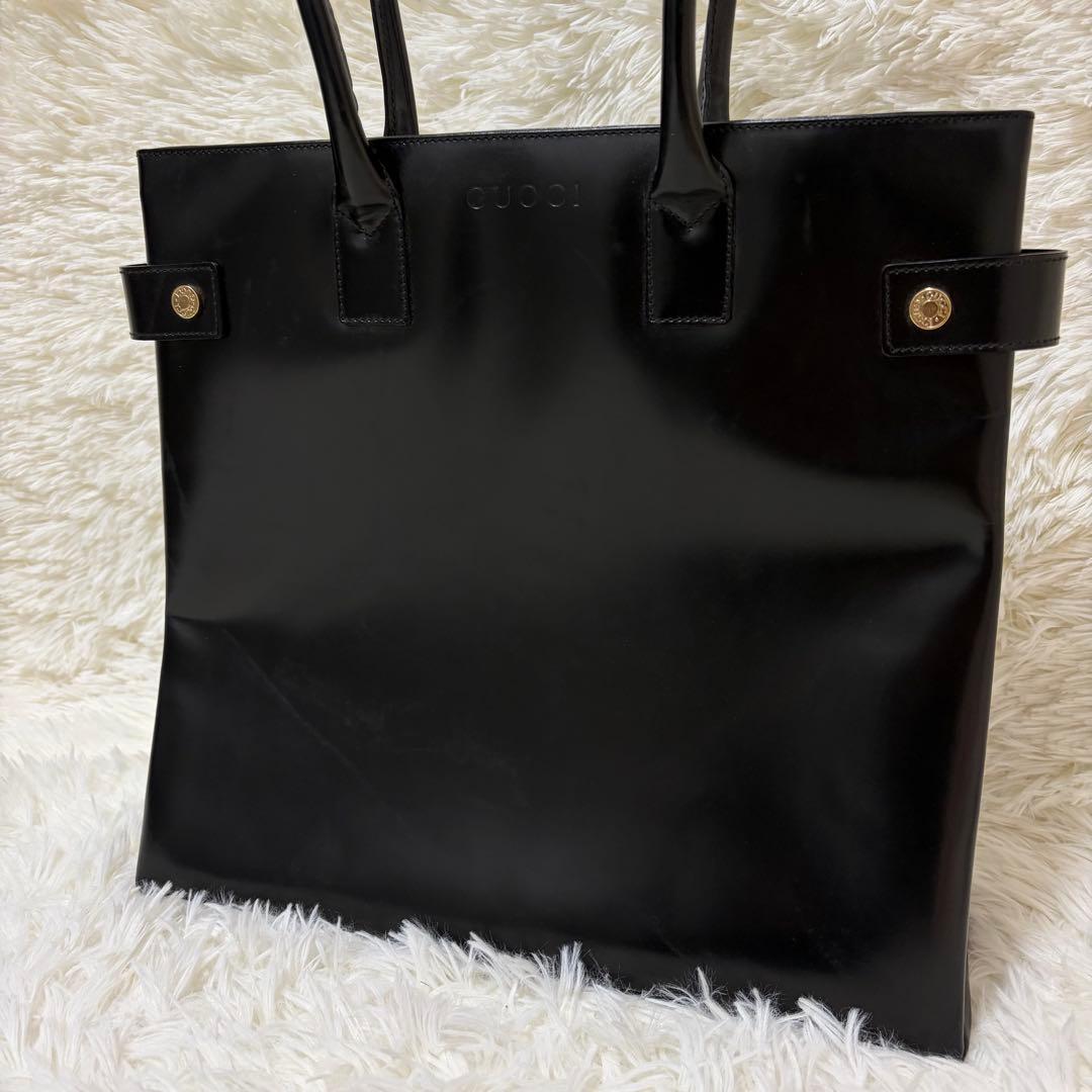 GUCCI トートバッグ レザー ブラック エナメル ゴールド金具 大容量 底鋲