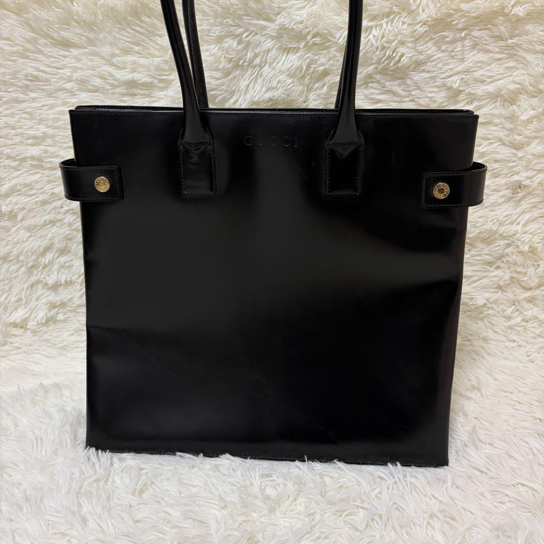 GUCCI トートバッグ レザー ブラック エナメル ゴールド金具 大容量 底鋲