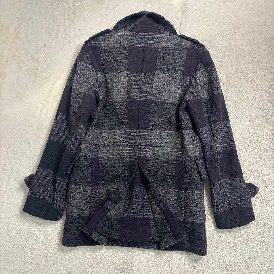 貴重 バーバリーブラックレーベル ウールピーコート ネイビー・グレー 総柄