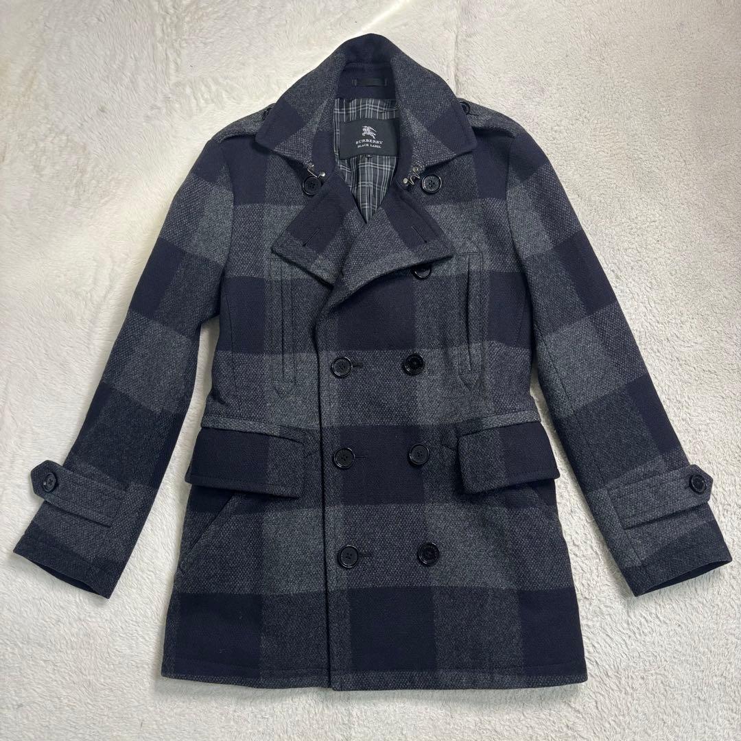 貴重 バーバリーブラックレーベル ウールピーコート ネイビー・グレー 総柄