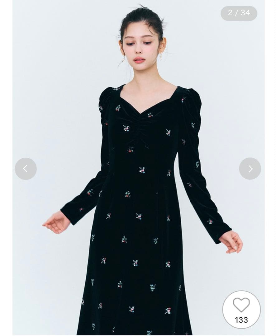 完売CELFORD ♡花柄刺繍 ベロアワンピ黒36