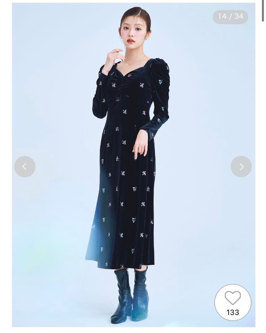 完売CELFORD ♡花柄刺繍 ベロアワンピ黒36