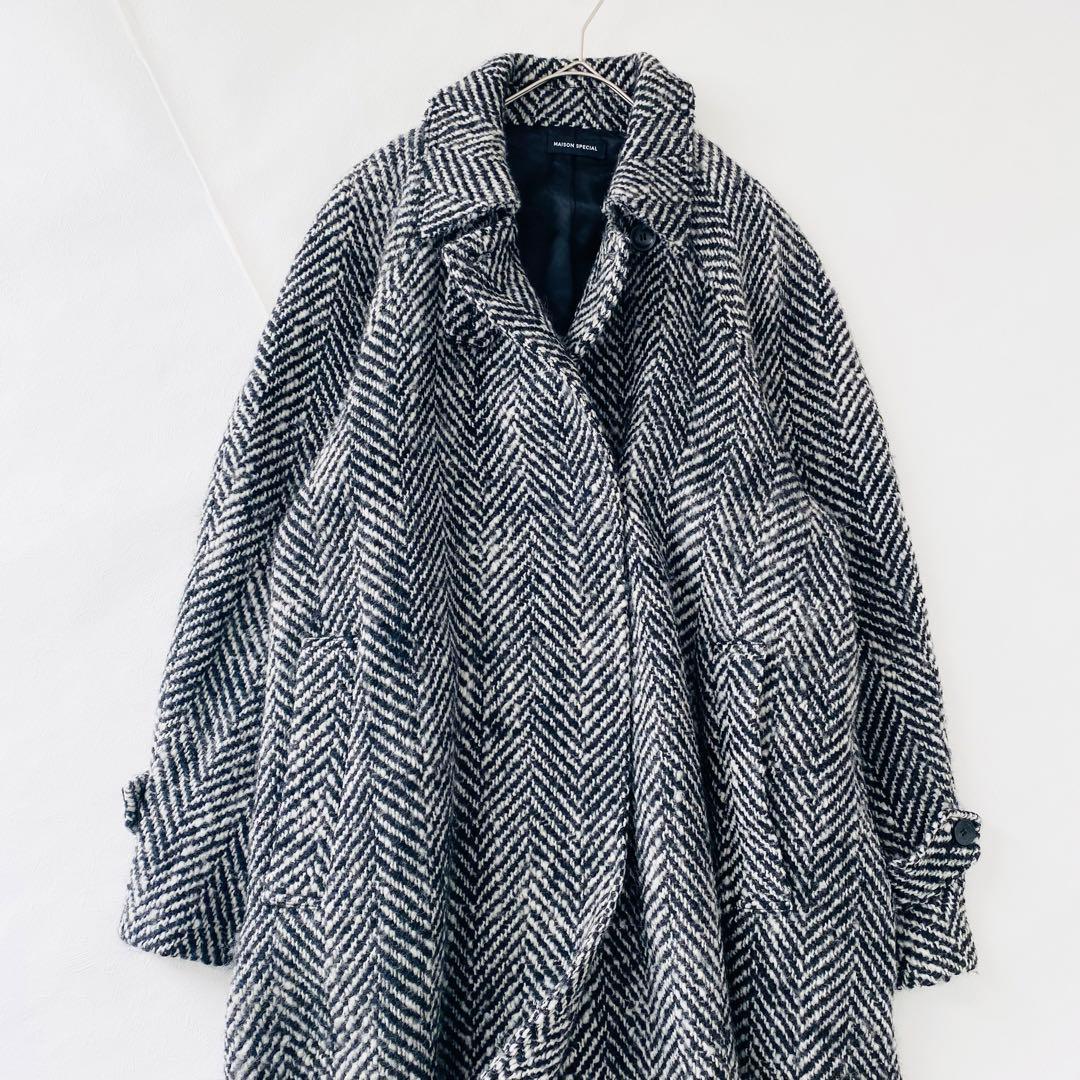 3128Aメゾンスペシャル ヘリンボーンステンカラーロングニットコート　ツイード