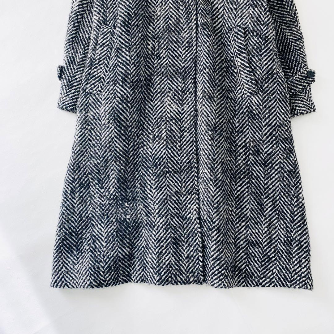 3128Aメゾンスペシャル ヘリンボーンステンカラーロングニットコート　ツイード