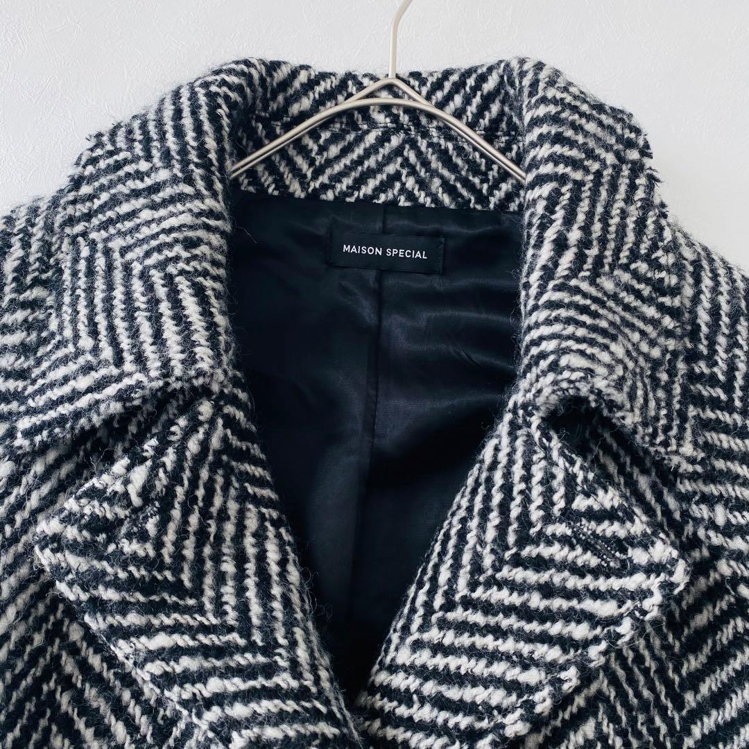 3128Aメゾンスペシャル ヘリンボーンステンカラーロングニットコート　ツイード