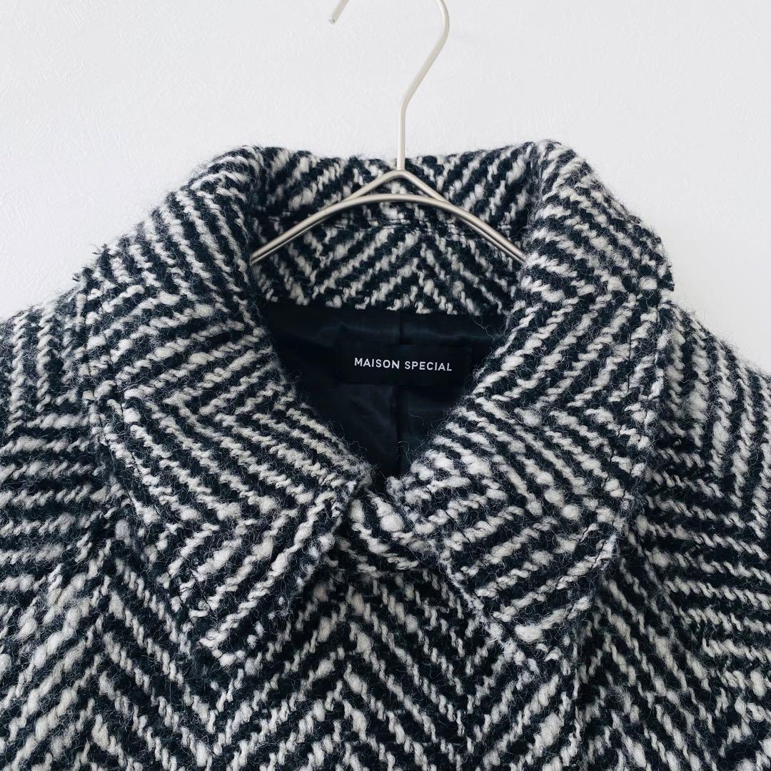 3128Aメゾンスペシャル ヘリンボーンステンカラーロングニットコート　ツイード