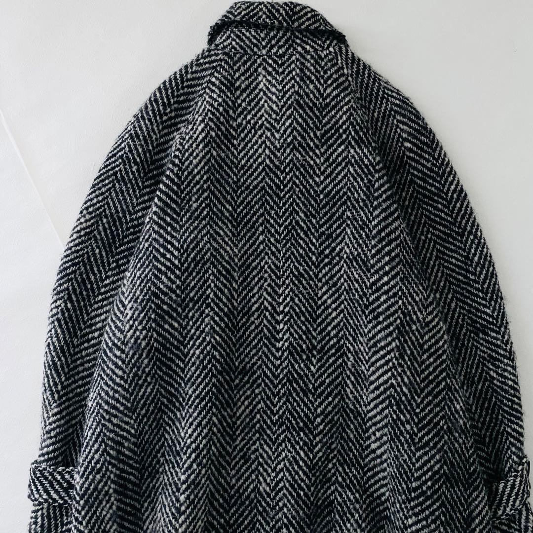 3128Aメゾンスペシャル ヘリンボーンステンカラーロングニットコート　ツイード