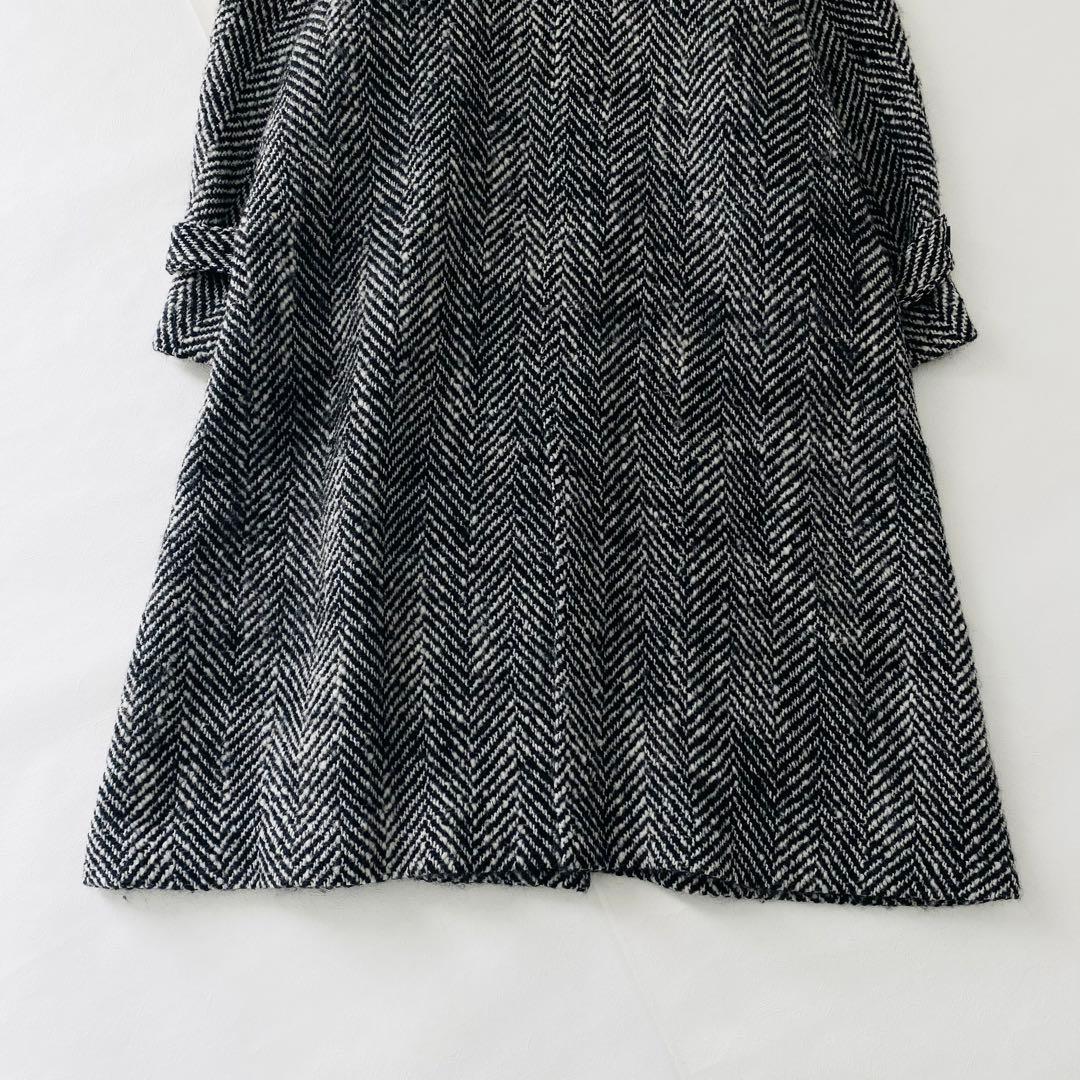3128Aメゾンスペシャル ヘリンボーンステンカラーロングニットコート　ツイード