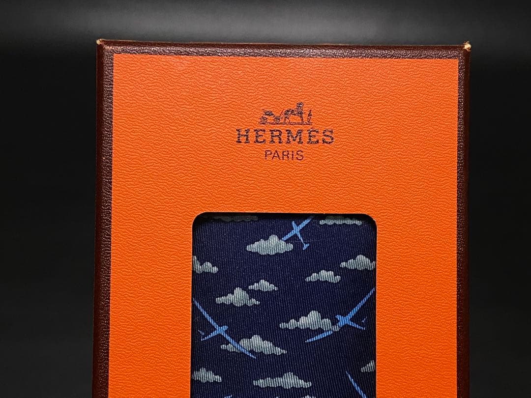 未使用 未開封 HERMES エルメス ネクタイ 飛行機 雲 ネイビー系