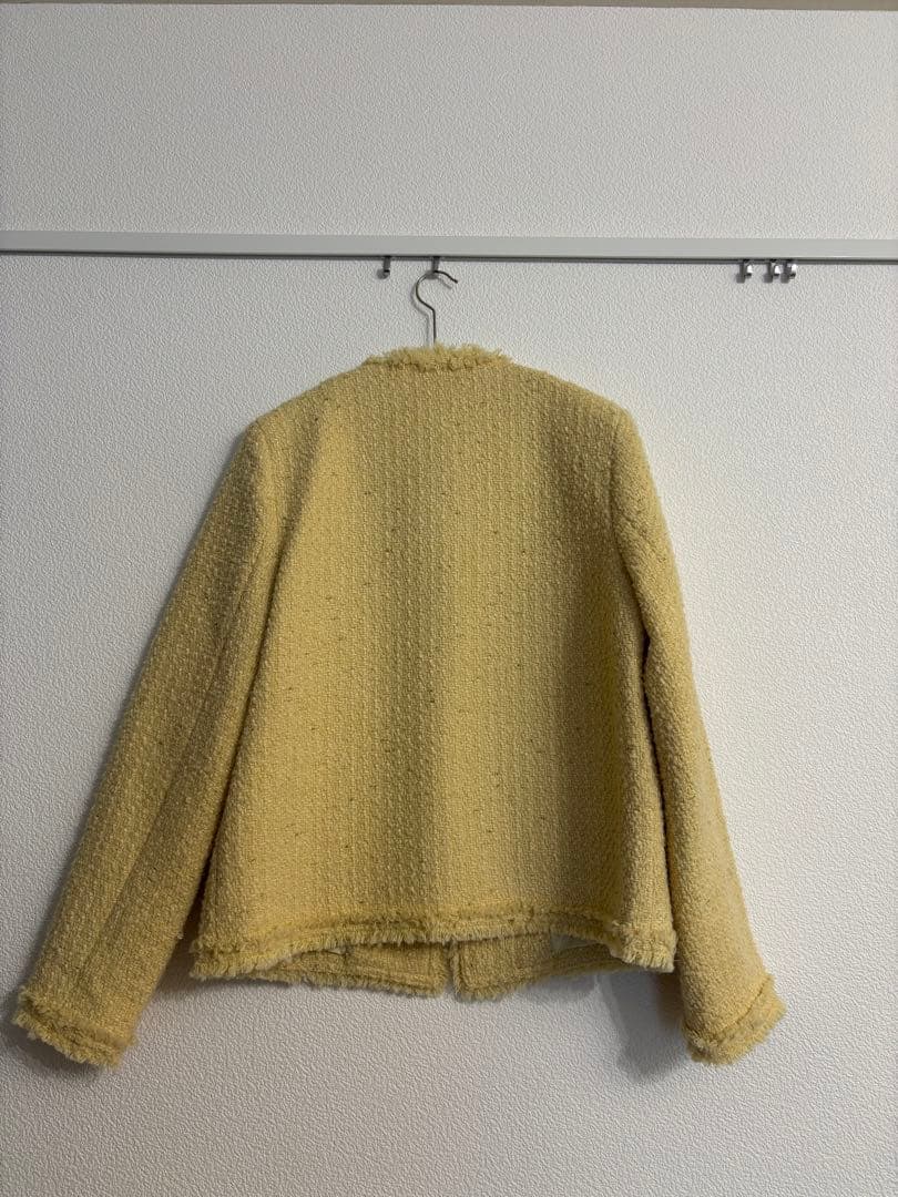 TWEED FRINGE JACKET イエローツイードノーカラージャケット