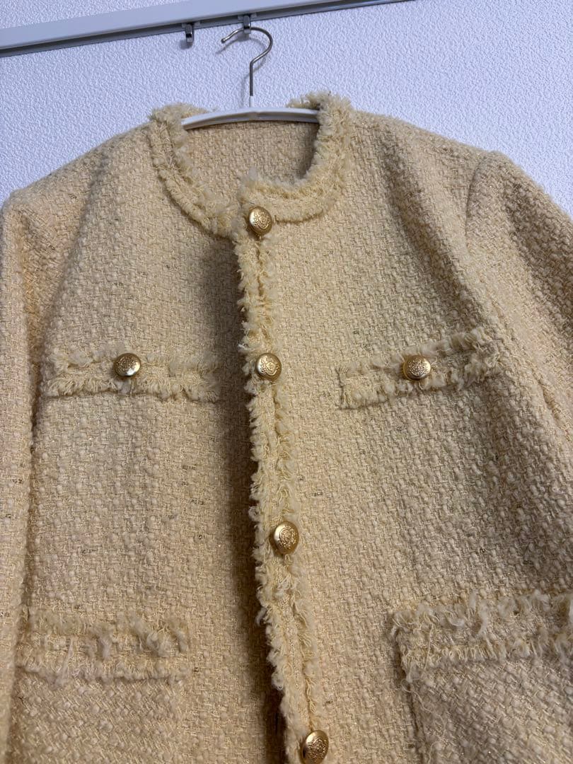 TWEED FRINGE JACKET イエローツイードノーカラージャケット