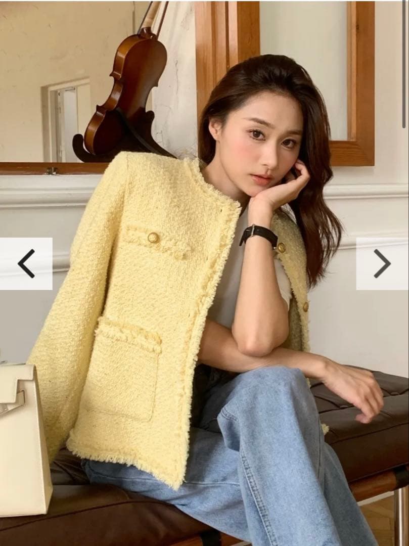 TWEED FRINGE JACKET イエローツイードノーカラージャケット