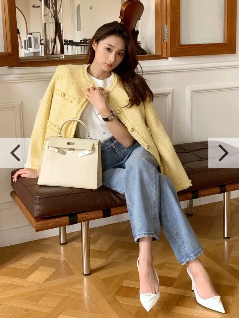 TWEED FRINGE JACKET イエローツイードノーカラージャケット