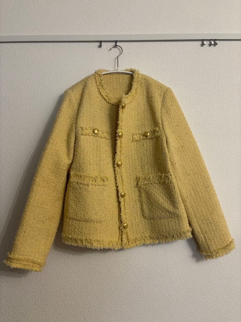 TWEED FRINGE JACKET イエローツイードノーカラージャケット