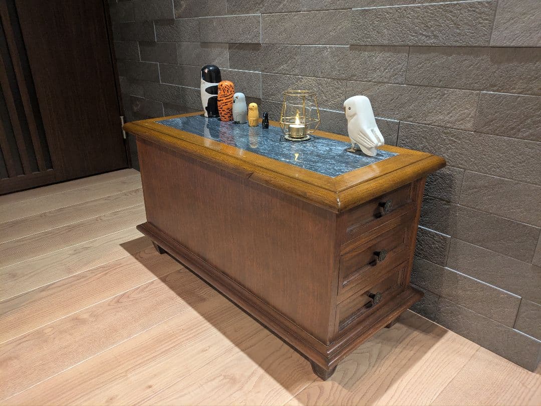 アンティーク ローチェスト 天然木 大理石トップ 3段チェスト サイドテーブル