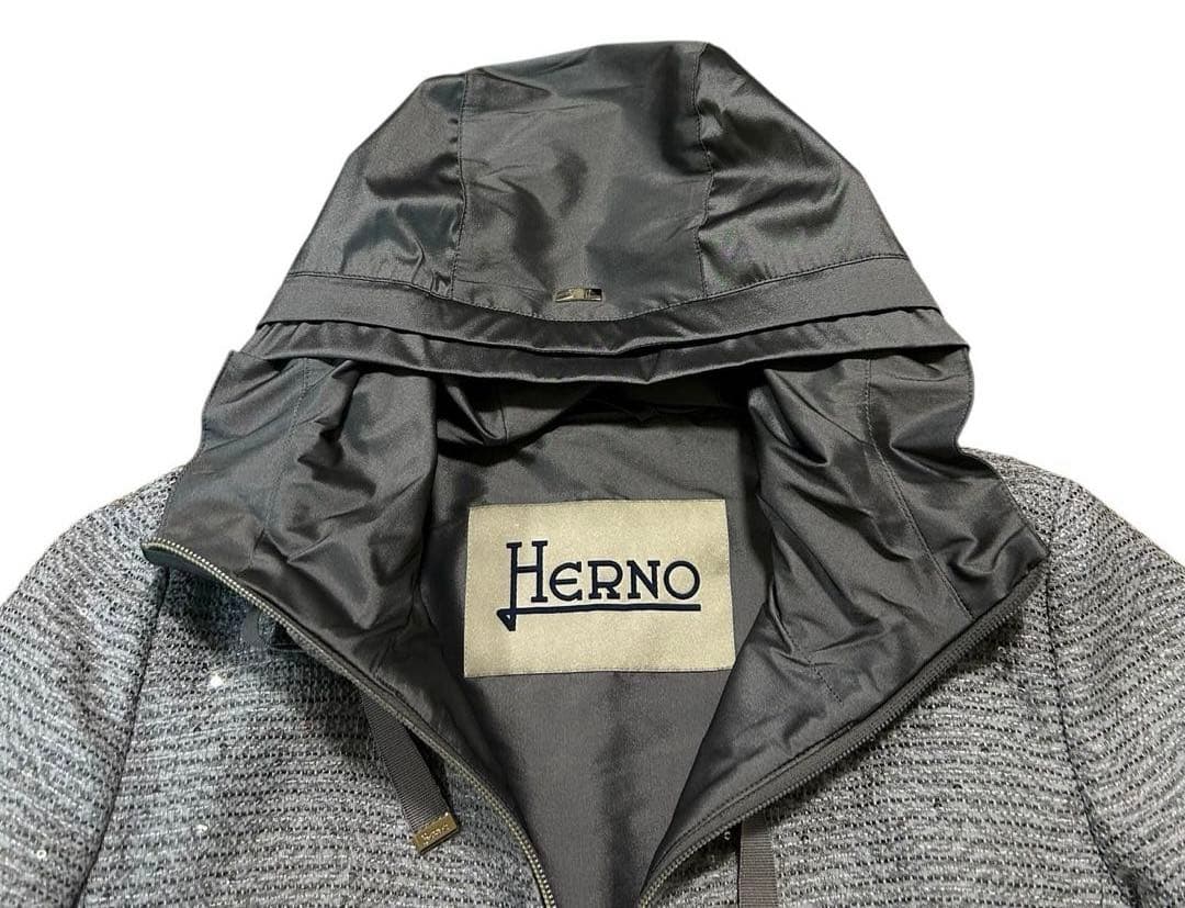 HERNO フード ツイード ドッキング ロングジャケット