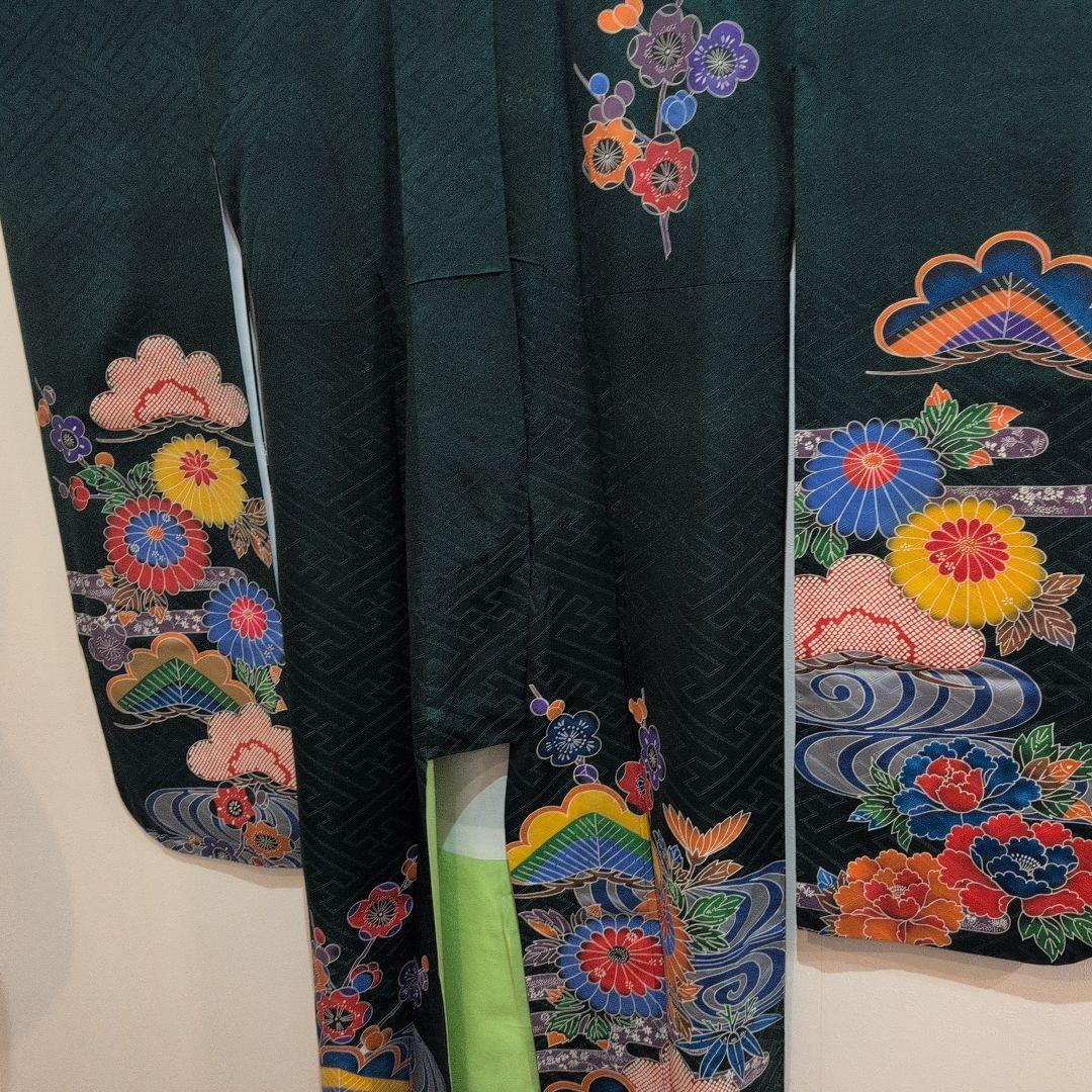 【上質】紅型風ダークグリーン花柄振袖