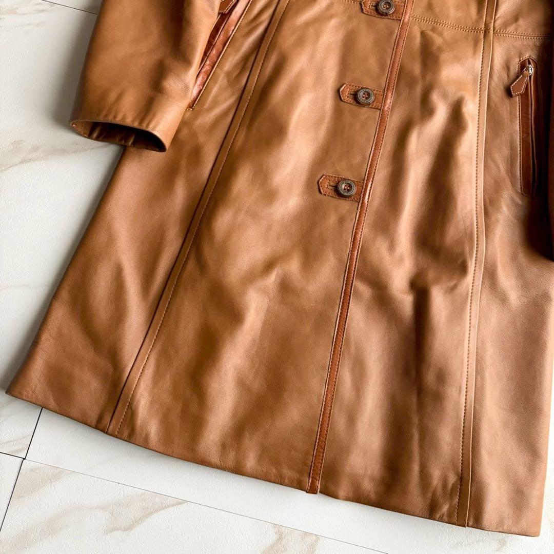 希少◆バーバリーブルーレーベル リアルファー 羊革 レザー コート キャメル M