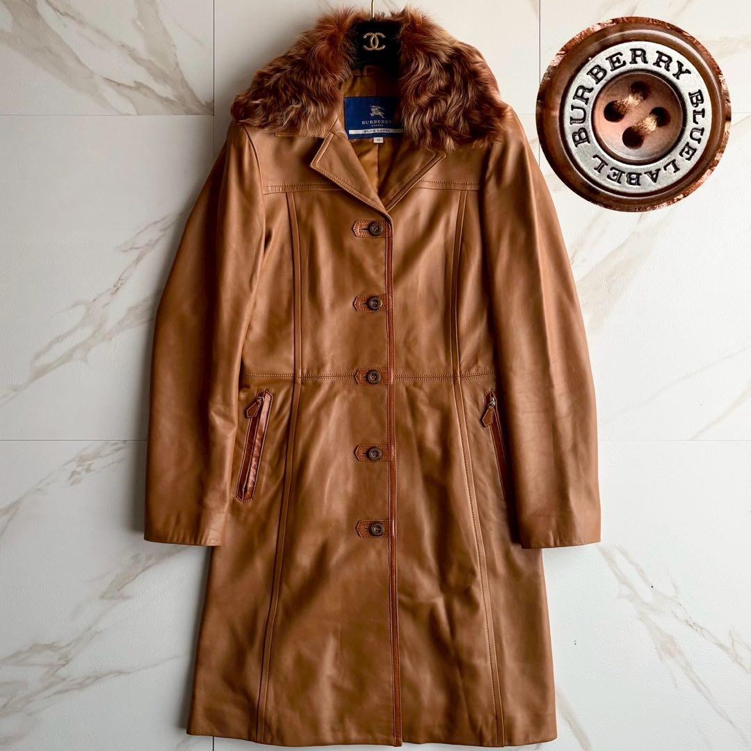 希少◆バーバリーブルーレーベル リアルファー 羊革 レザー コート キャメル M