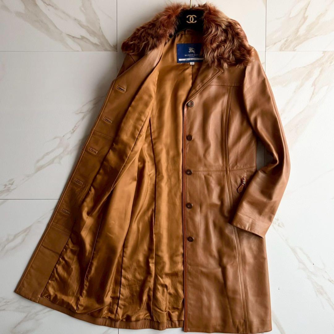 希少◆バーバリーブルーレーベル リアルファー 羊革 レザー コート キャメル M