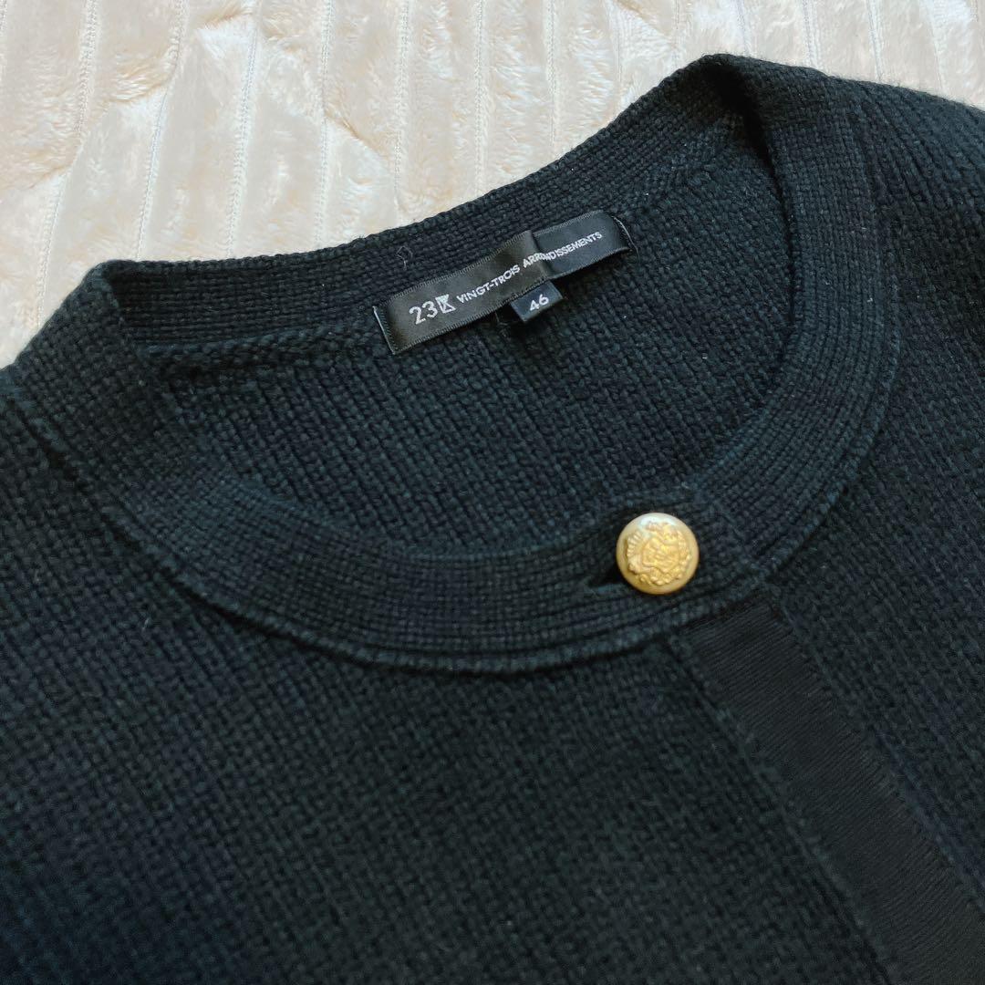 23区【洗える】コットンリリーニットジャケット46 黒 23AW 金ボタン