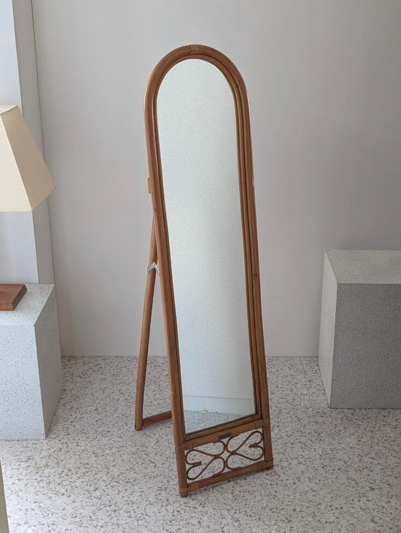 ラタン スタンドミラー 80s ビンテージ 壁掛け 2way 籐の姿見 レトロ