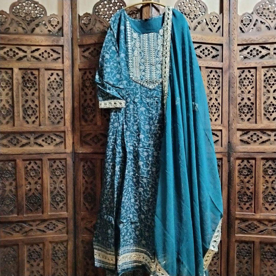 ◎専用◎インド アナルカリクルタ ティールブルー×シルバー刺繍【63A-4】