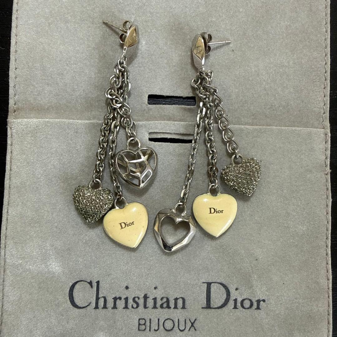 ChristianDior ラインストーン付きハートモチーフピアス　シルバー