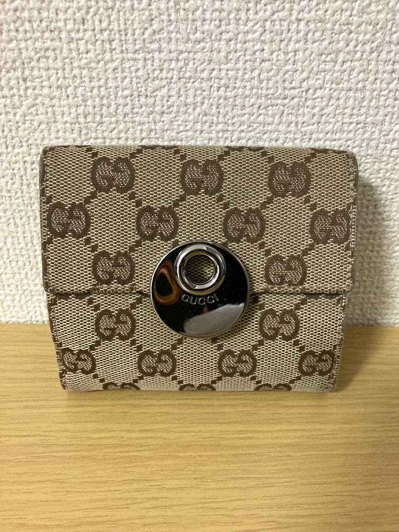 【良品】GUCCI 二つ折り財布 GGキャンパス×レザー　ベージュ/ブラウン