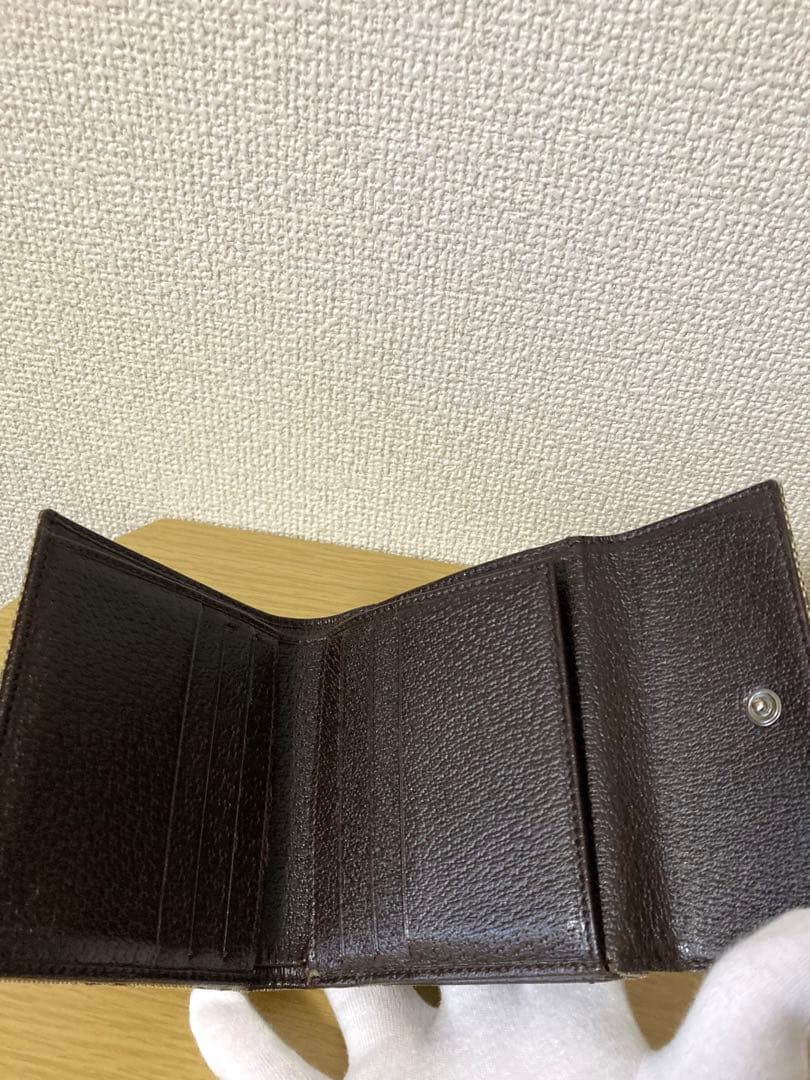 【良品】GUCCI 二つ折り財布 GGキャンパス×レザー　ベージュ/ブラウン