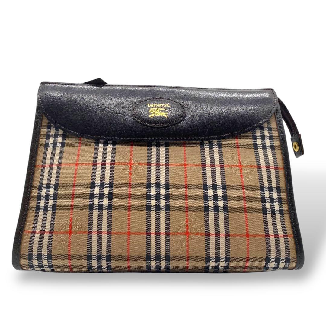 【美品】バーバリー クラッチバッグ ノバチェック キャンバス レザー ブラウン