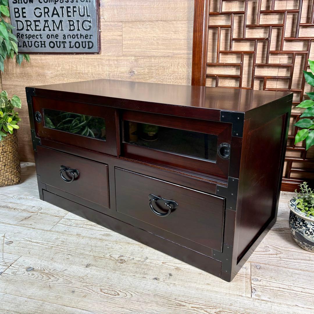 セール中！民芸家具木製ガラス戸付きテレビ台サイドボードTV台チェスト飾り棚桐無垢