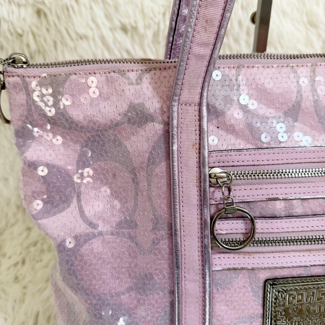 COACH コーチ パピー トートバッグ スパンコール ピンク A4収納可 ロゴ