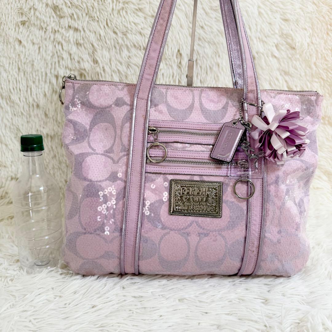 COACH コーチ パピー トートバッグ スパンコール ピンク A4収納可 ロゴ