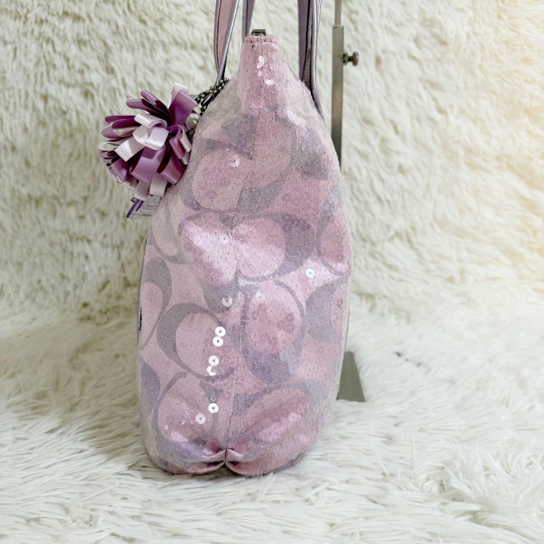 COACH コーチ パピー トートバッグ スパンコール ピンク A4収納可 ロゴ