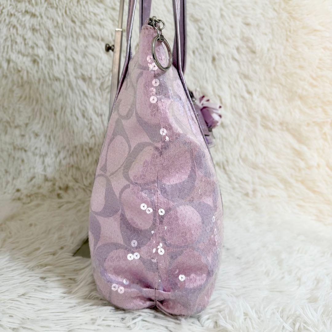 COACH コーチ パピー トートバッグ スパンコール ピンク A4収納可 ロゴ