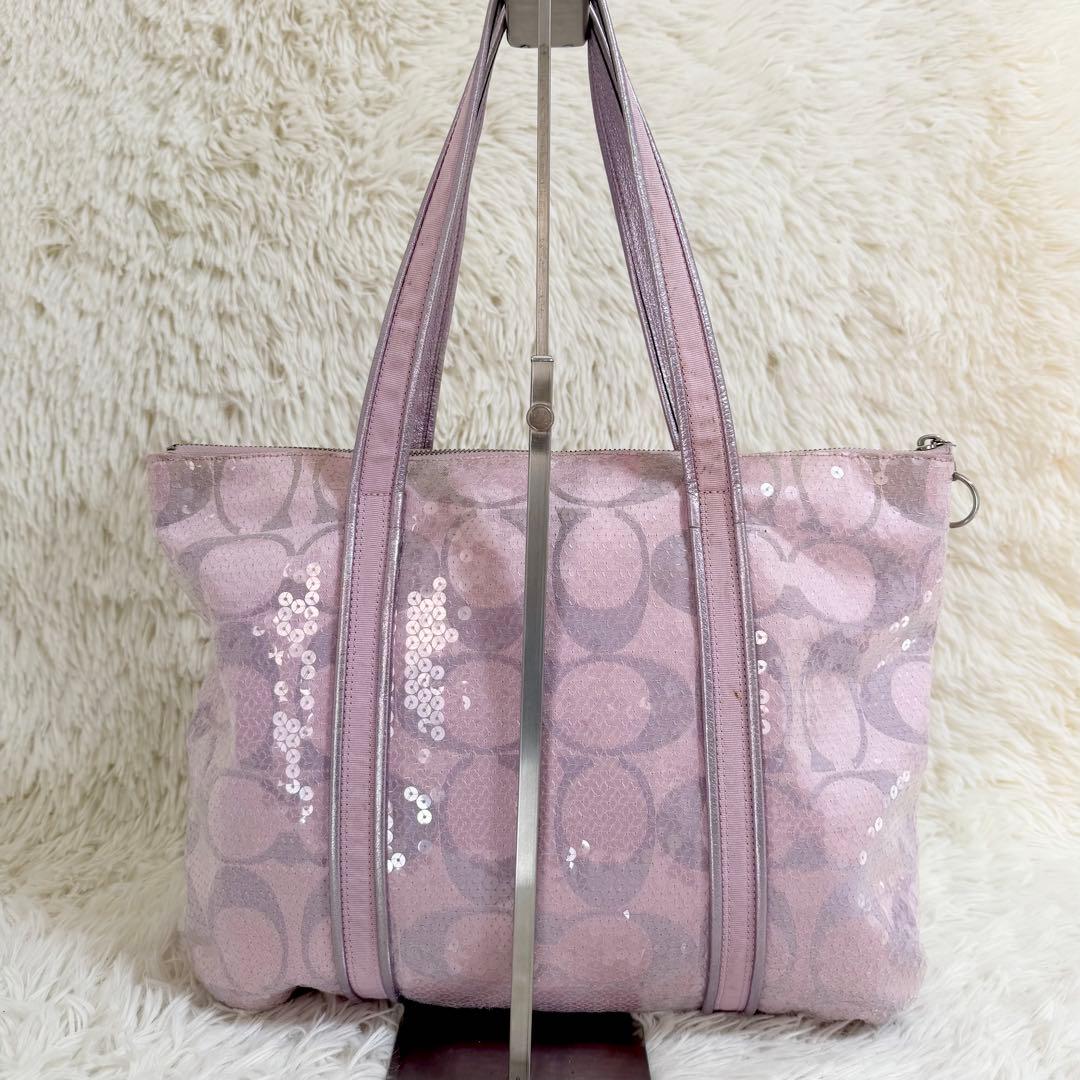 COACH コーチ パピー トートバッグ スパンコール ピンク A4収納可 ロゴ