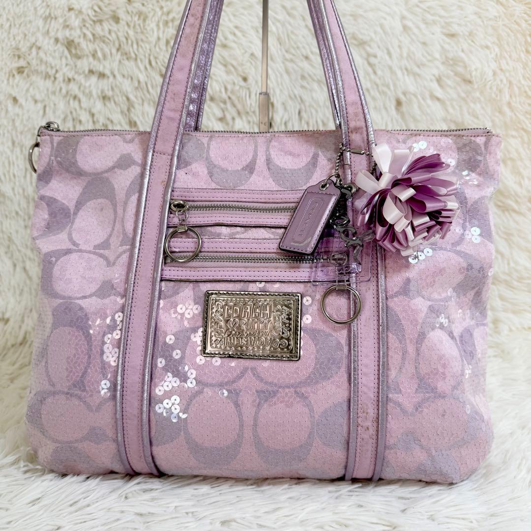 COACH コーチ パピー トートバッグ スパンコール ピンク A4収納可 ロゴ