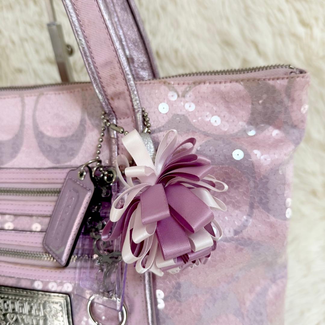 COACH コーチ パピー トートバッグ スパンコール ピンク A4収納可 ロゴ