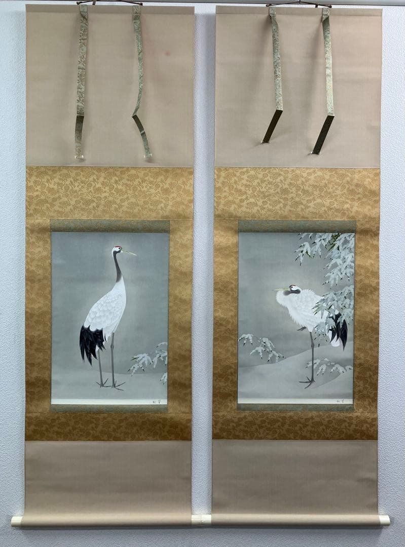 上村松篁【丹頂】木版画　絹本　双幅　美術書院　限定350部　掛軸