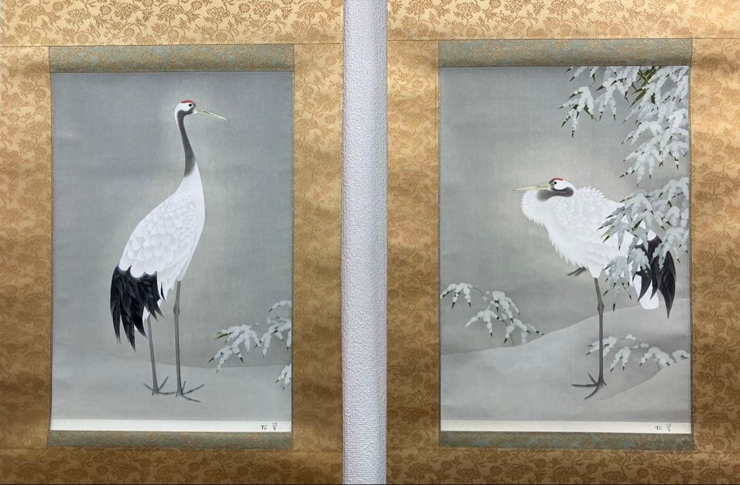 上村松篁【丹頂】木版画　絹本　双幅　美術書院　限定350部　掛軸