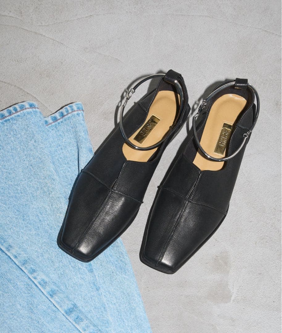 【新品】Le Talon レザースクエアクロスシームアンクルフラット【ブラック】