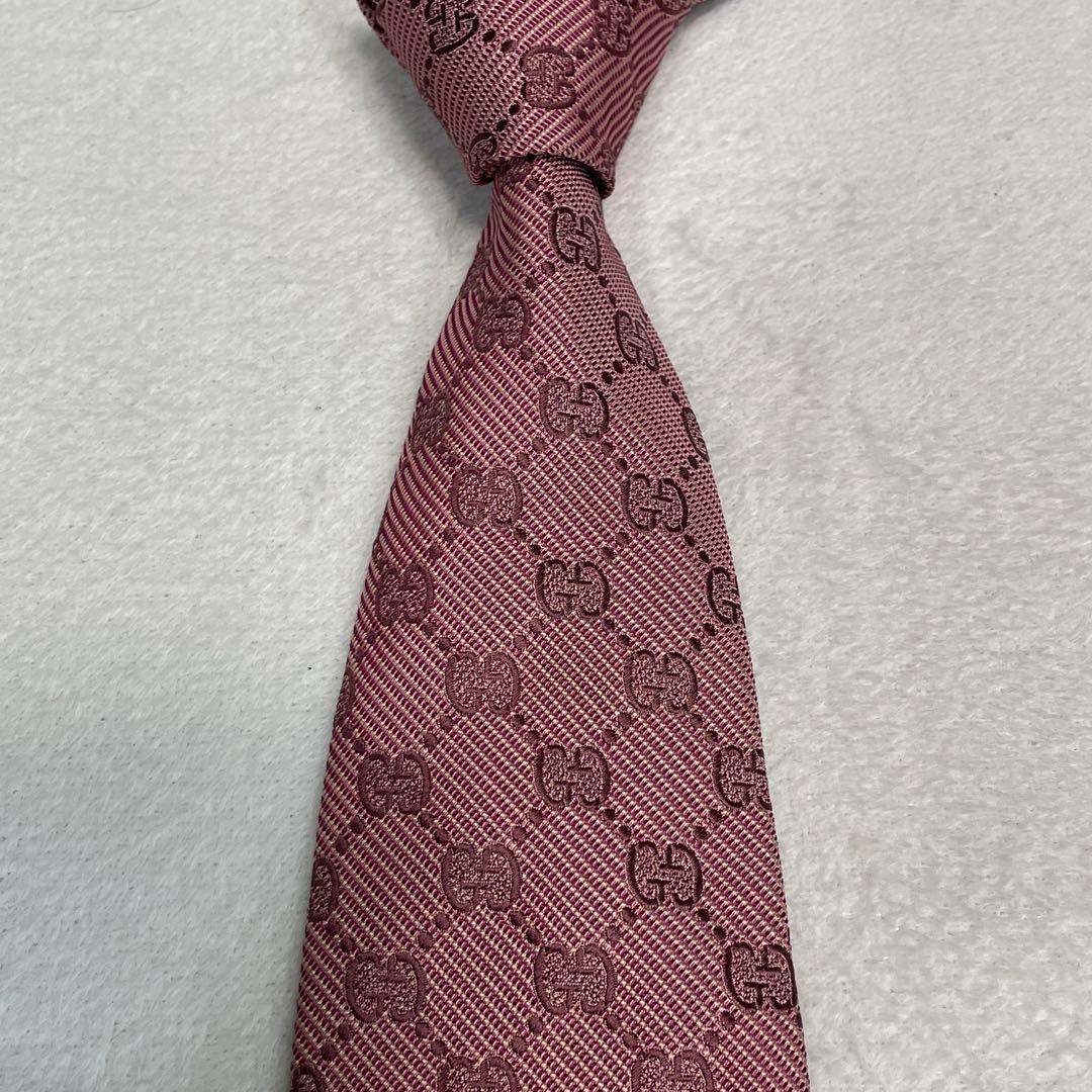 美品 グッチ ネクタイ GG柄 モノグラム ボルドー 高級シルク イタリア製